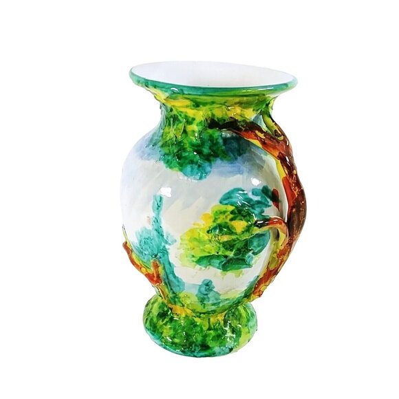 Vase Hand Painted Italian Style House 3D Trees Raised Relief Numbered 7" - Picture 2 of 8